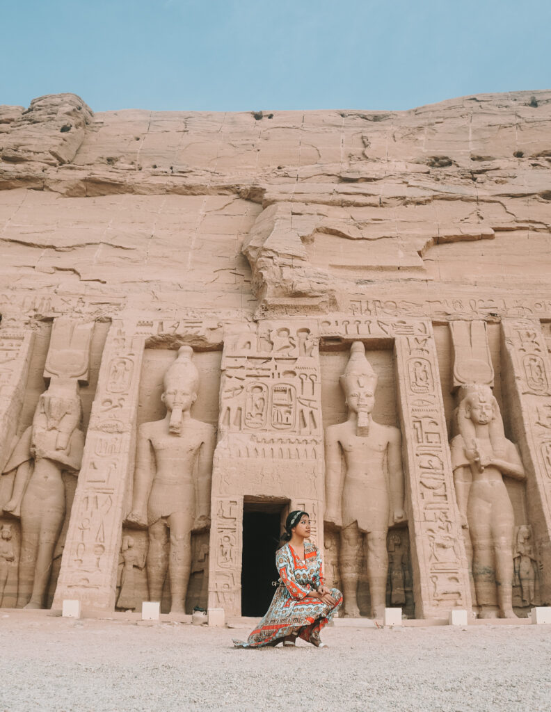 Me at Abu Simbel wearing my favorite dress I wore in Egypt as a solo female traveler