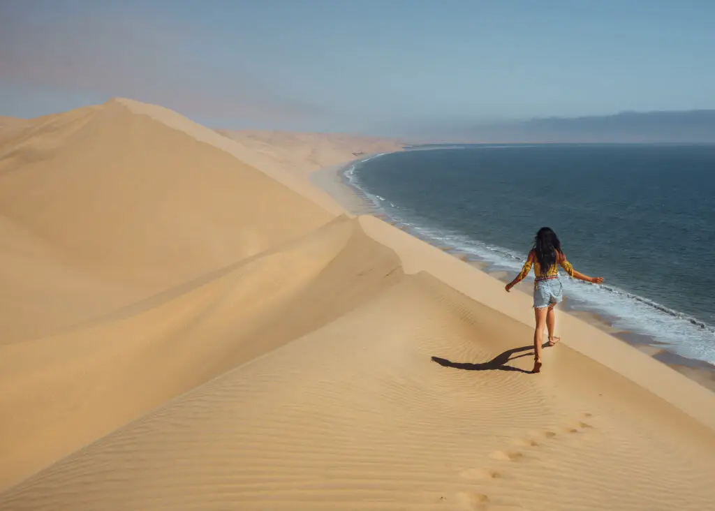 where the sand dunes of the desert meet the sea in Namibia