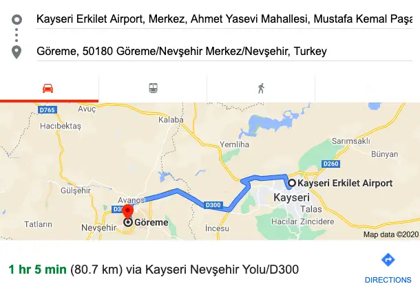 map of how to get from ASR airport to goreme