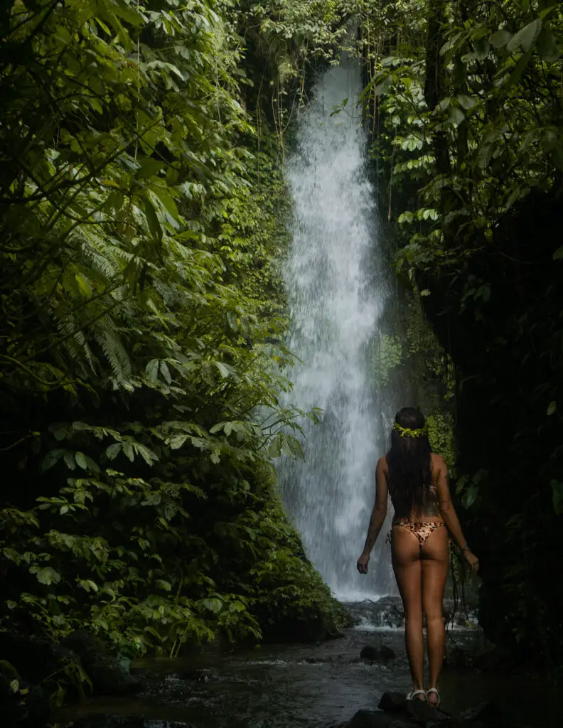 a digital nomad in lombok in front of a large waterfall in the jungle between trees and leaves 