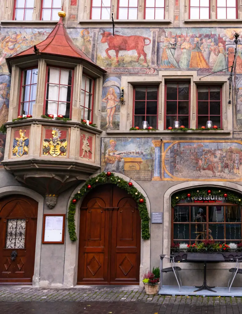 colorfully painted frescoes on the historic buildings in stein am rhein during christmas