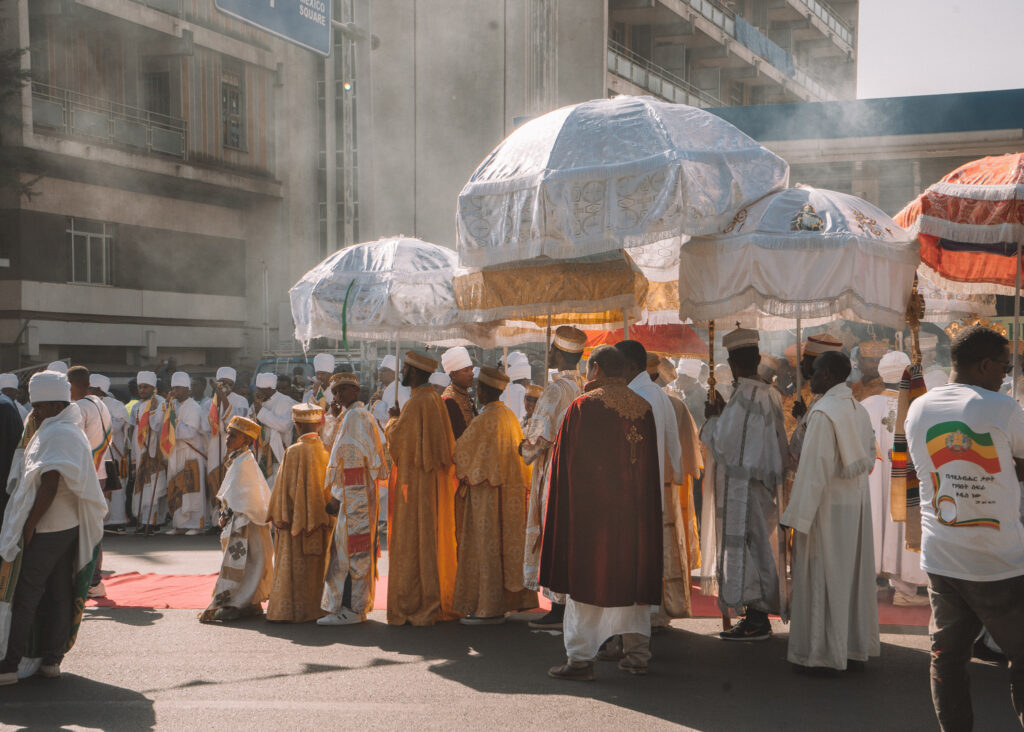 priests doing the procession ceremony during timkat in addis ababa