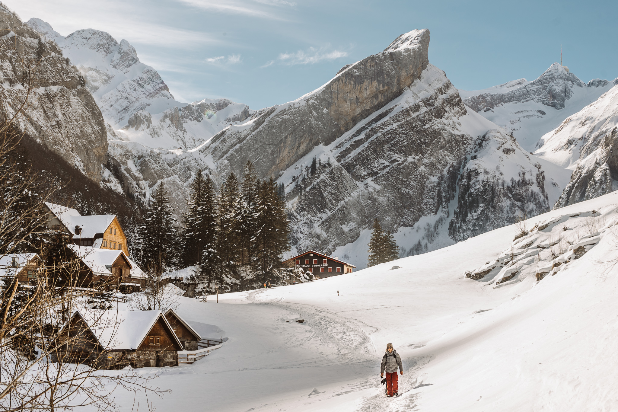 Snow covered mountain and trail in Appenzell, one of the most beautiful villages in Switzerland in winter