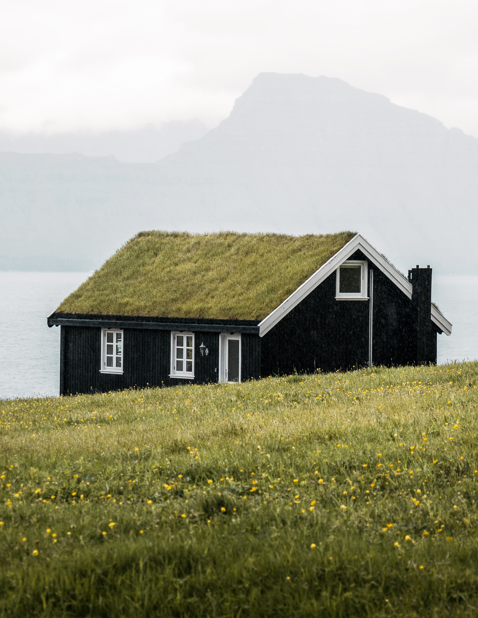 a traditional Faroese house with grass on the roof next to the sea