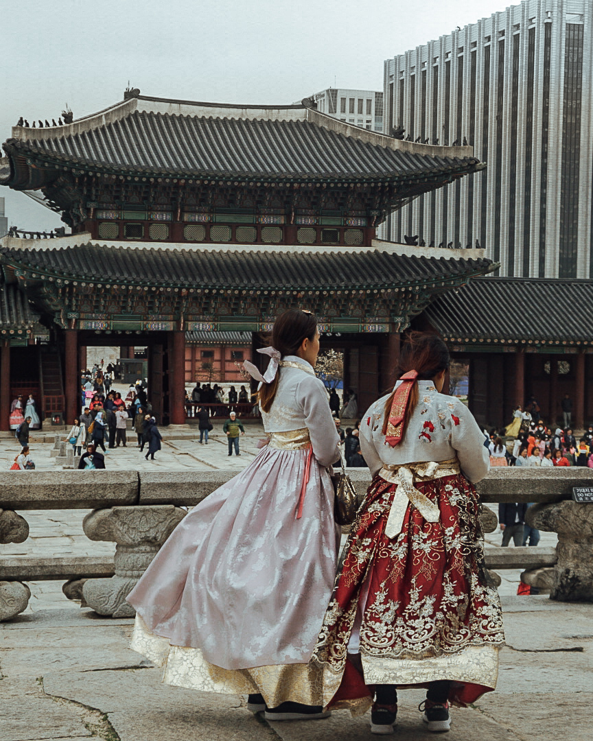 two girls wearing hanbok a traditional korean dress in seoul