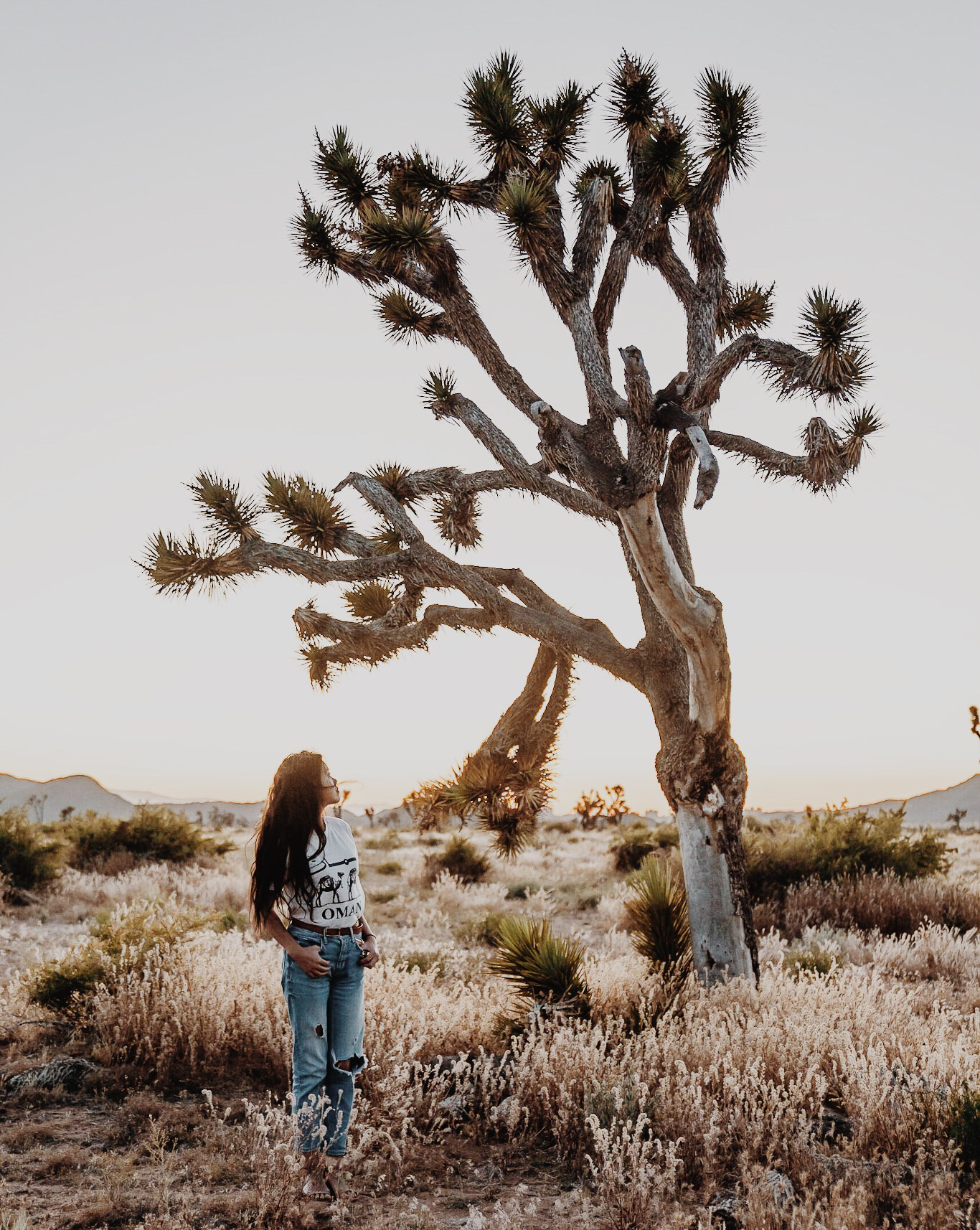 a girl at joshua tree national park during sunset