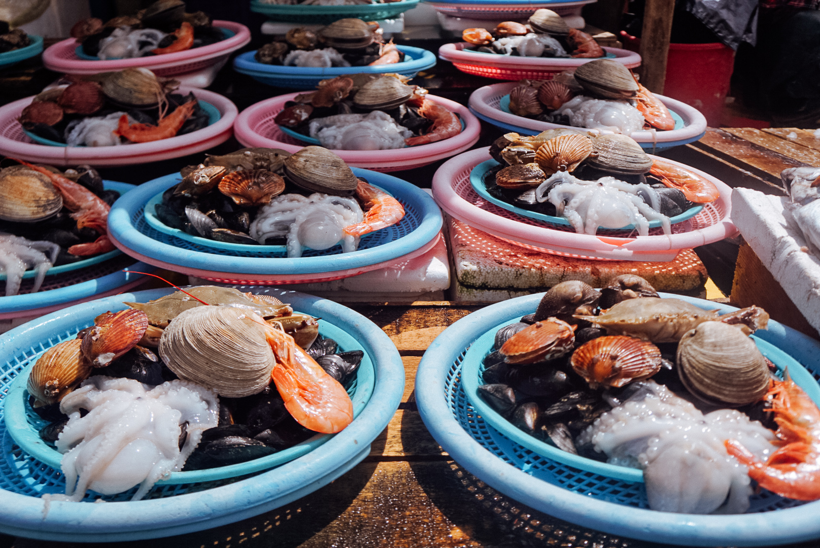 plates of raw seafood at the seafood market in busan