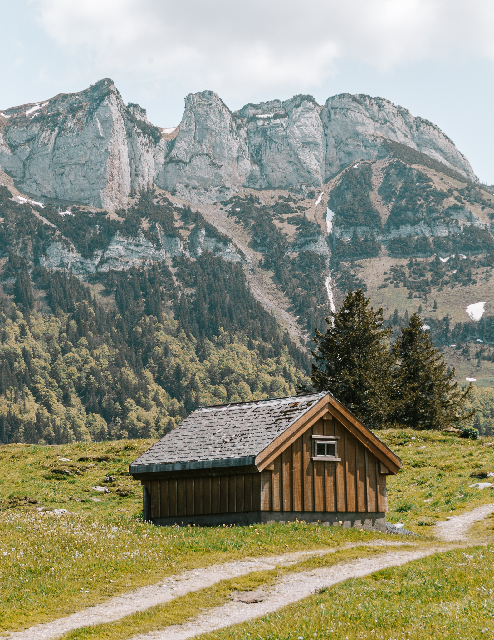 A single wooden hut in the swiss alpstein mountains