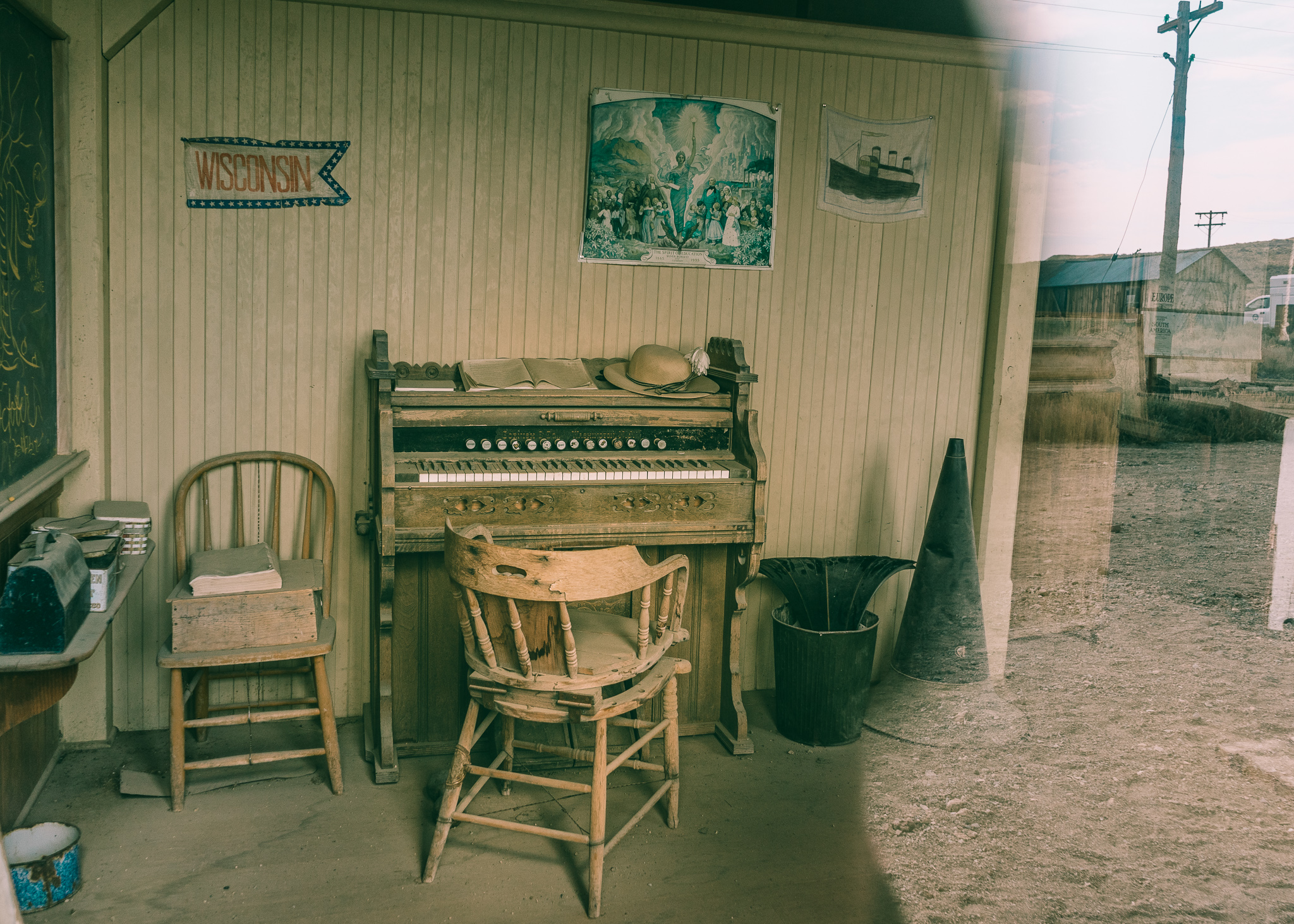 a piano in the schoolhouse in Bodie Ghost Town