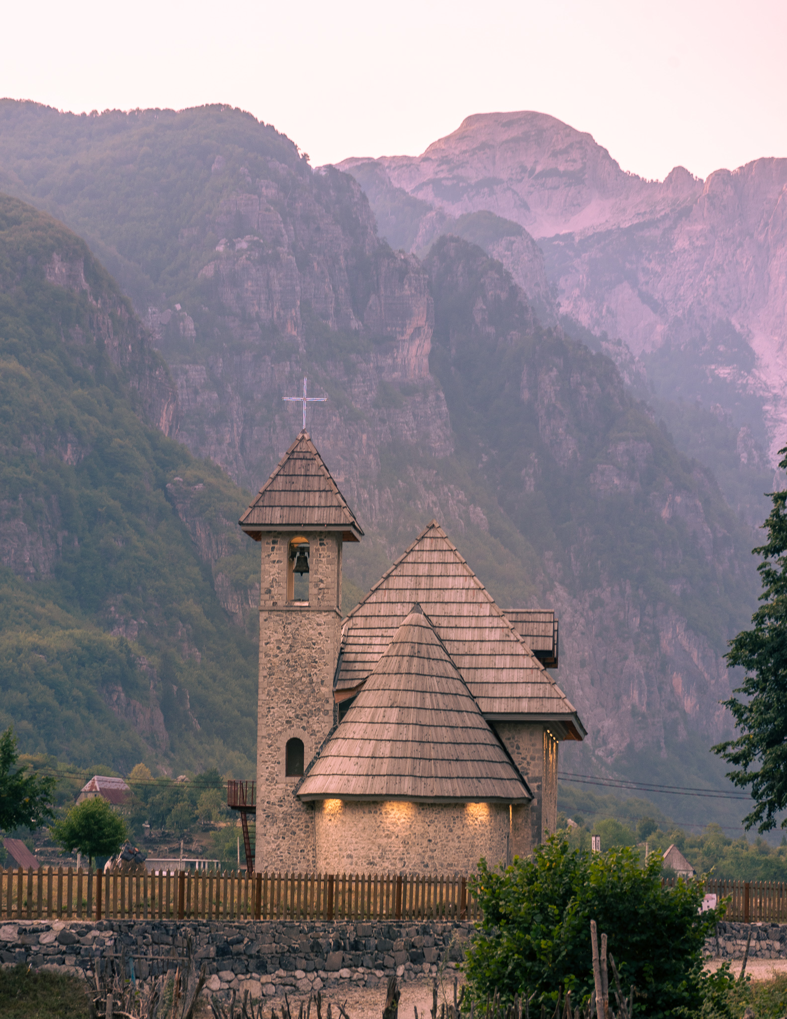 Theth church at sunset on the theth to valbona trail