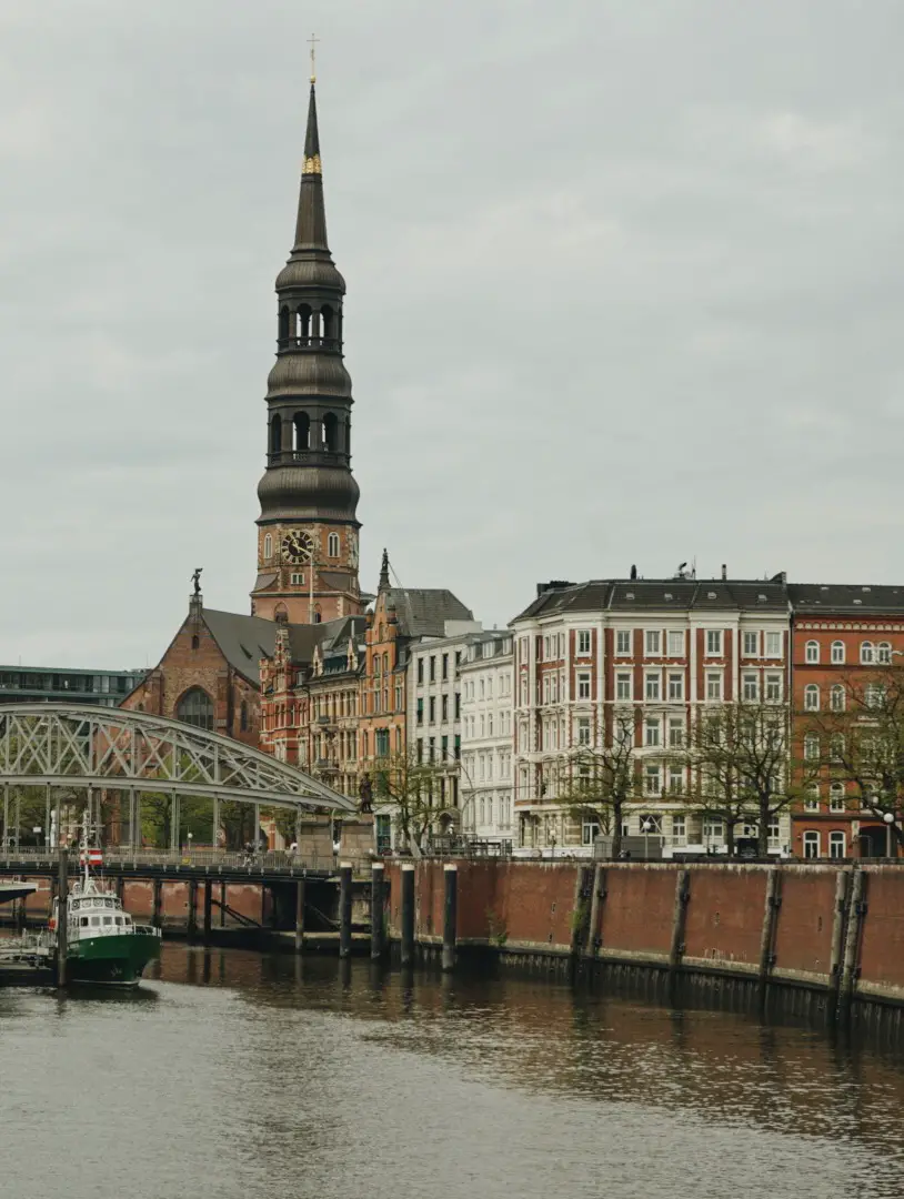 A church and canal in Speicherstadt Hamburg