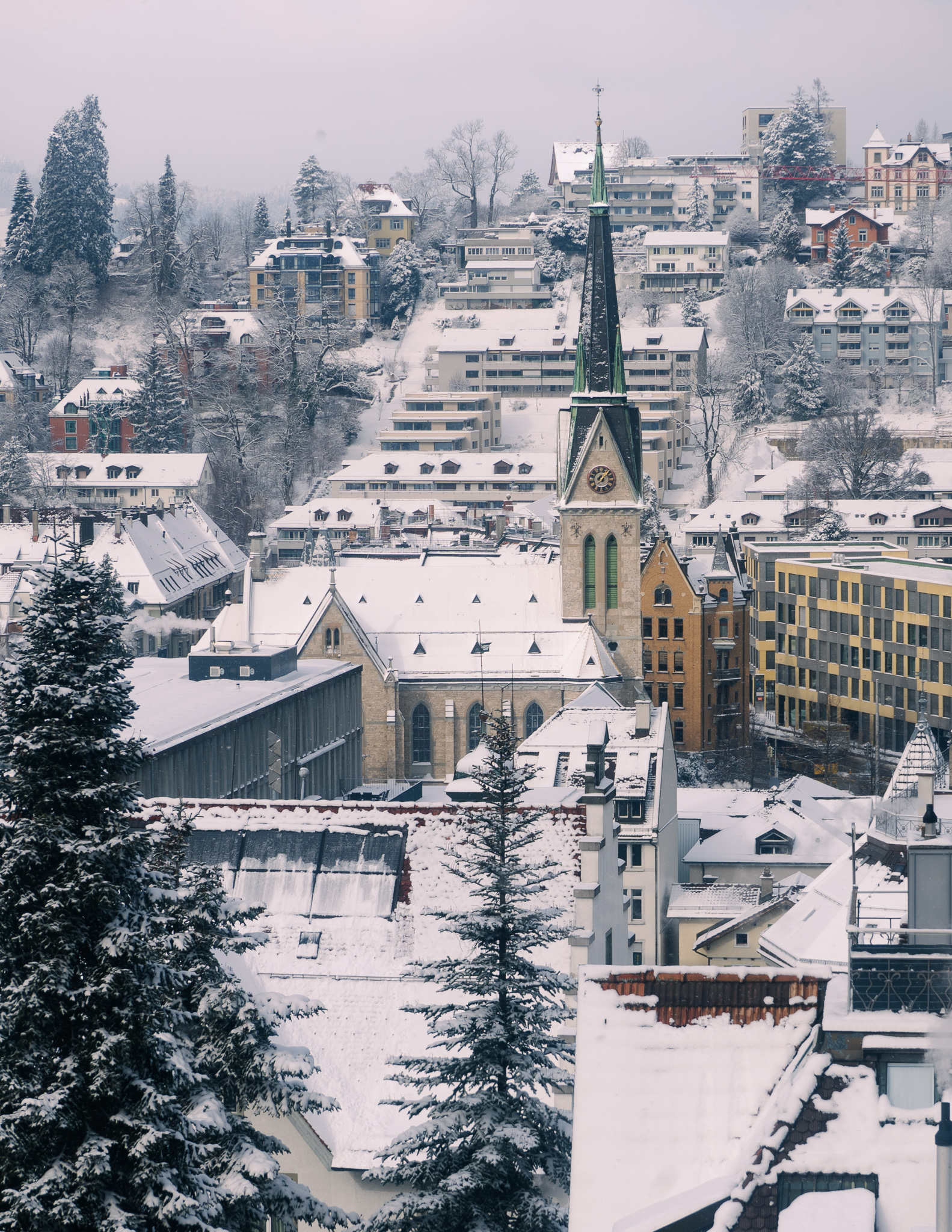 church in st. gallen in winter covered in snow with snowy surroundings, houses and trees.