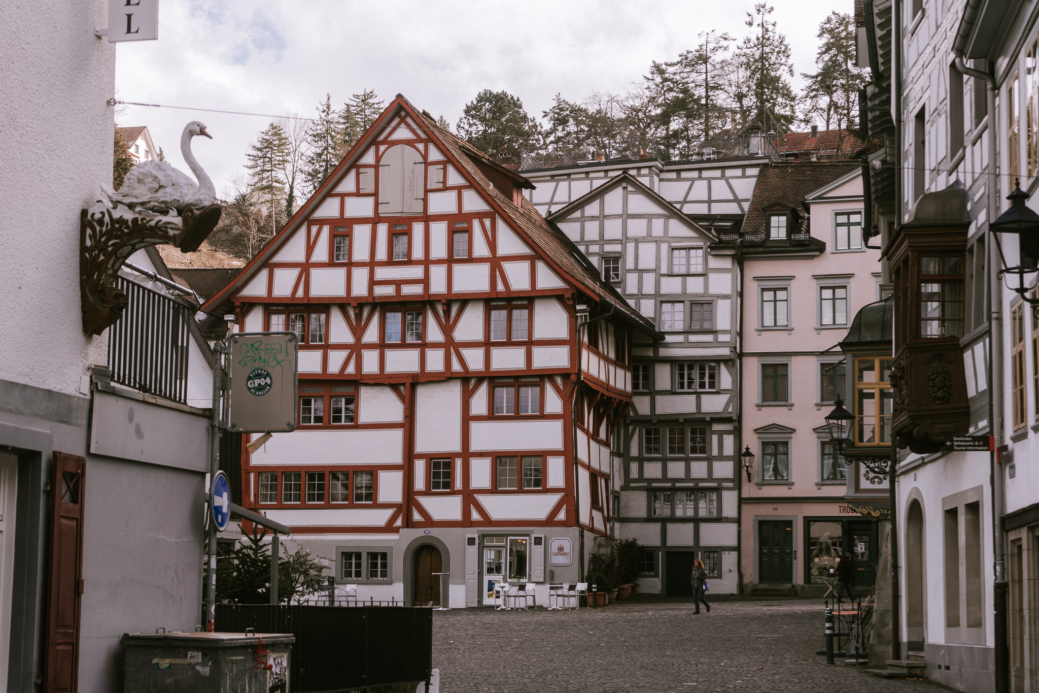 timber houses in st. gallen old town on a winter morning