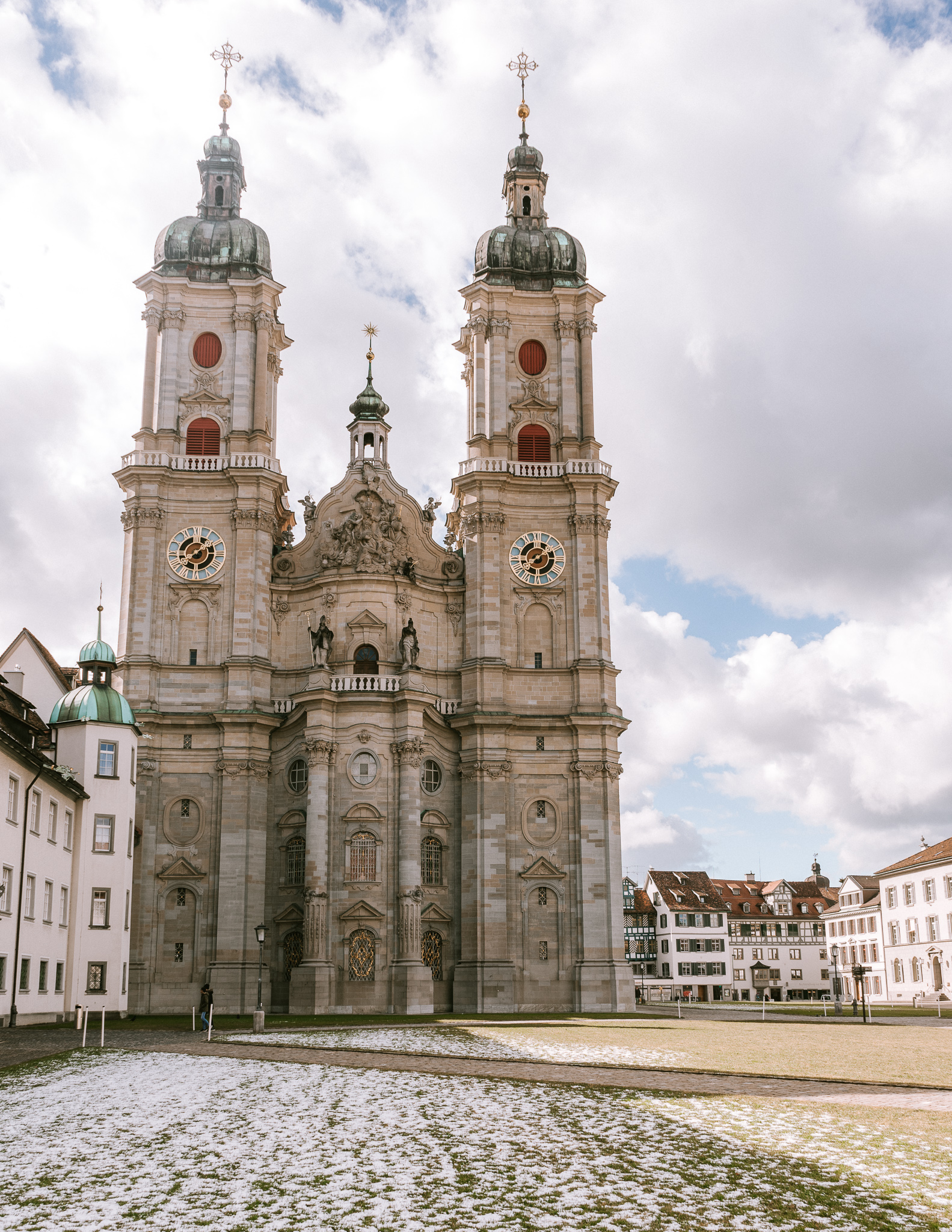 st. gallen cathedral frontal view on a winters day