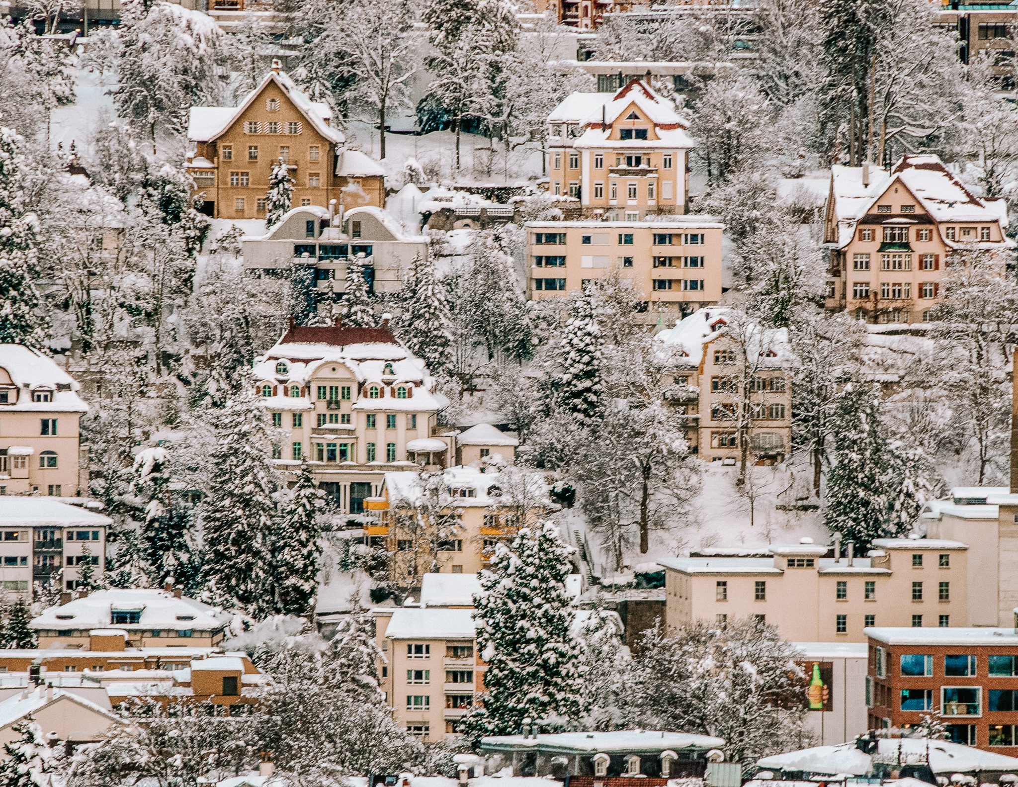 view of residential homes in St. Gallen covered in snow in winter