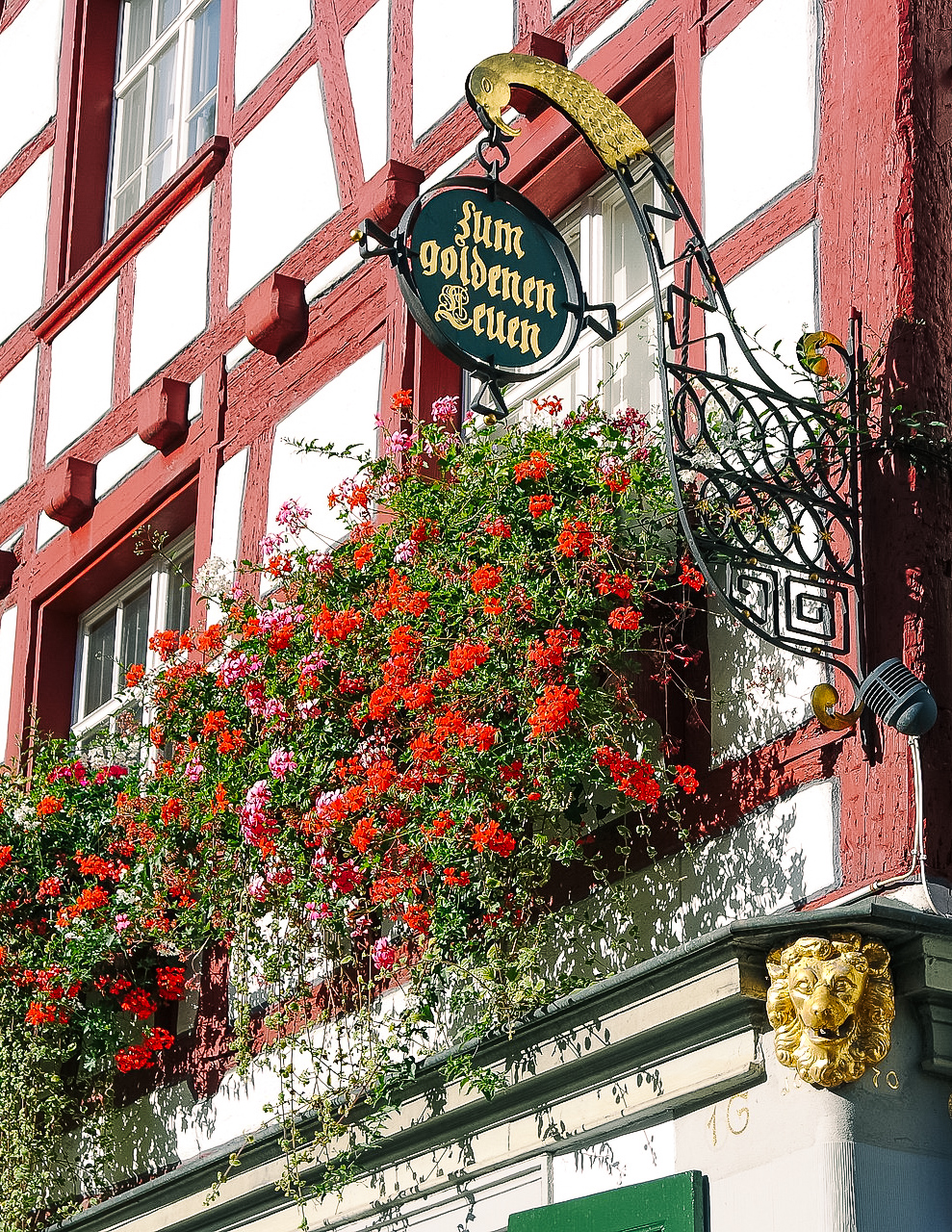 picture of flowers and a historic shop sign outside a timber home in st. gallen during summer