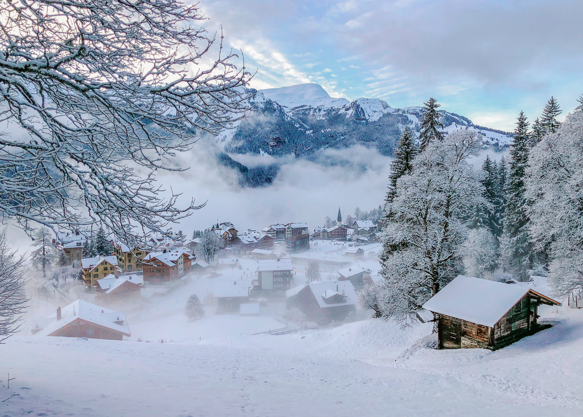 Wengen village in winter, a traditional Swiss alpine village of wooden chalet huts and the Swiss Alps in the background on a misty day.