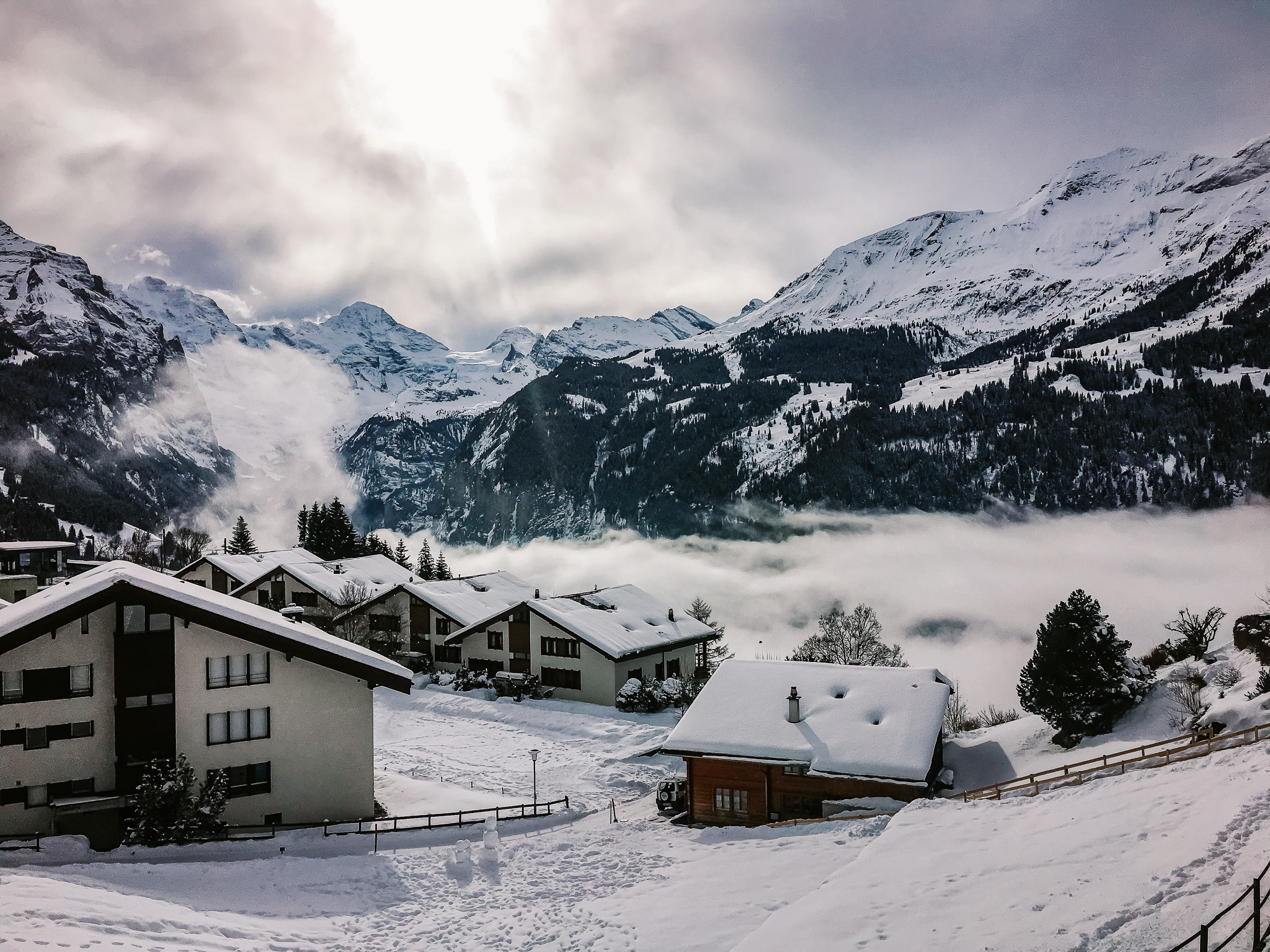 The traditional Swiss alpine village, Murren,near Lauterbrunnen in winter.