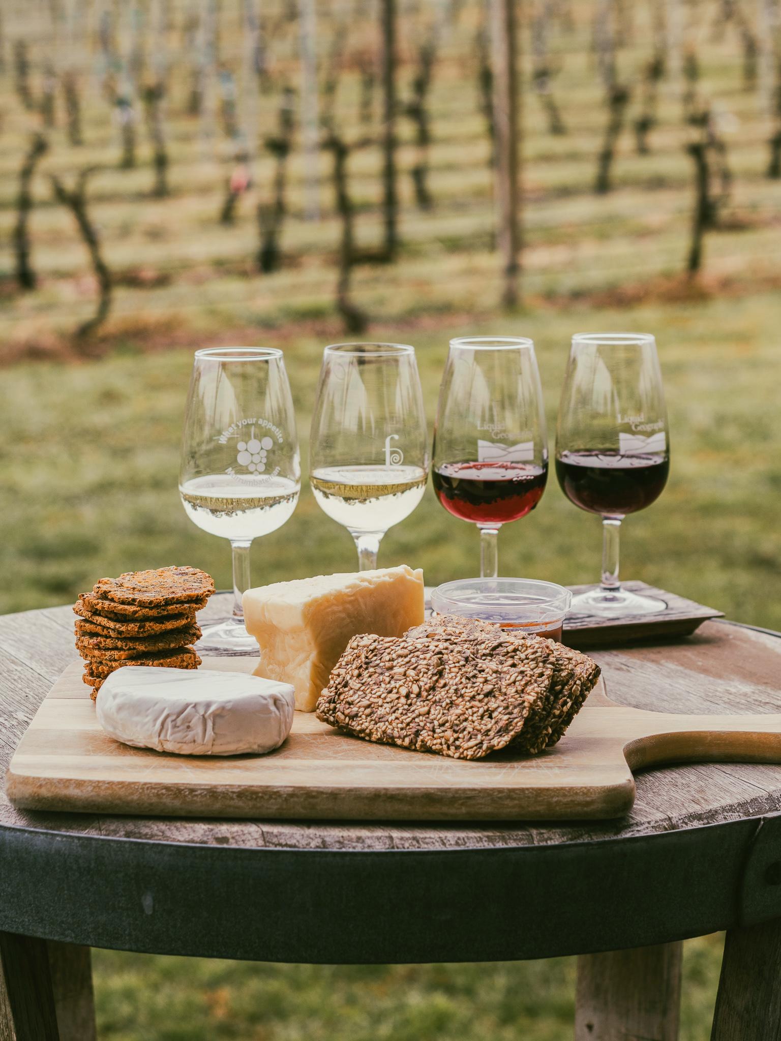 four glasses of wine on a wooden table with crackers and cheese on a grassy meadow