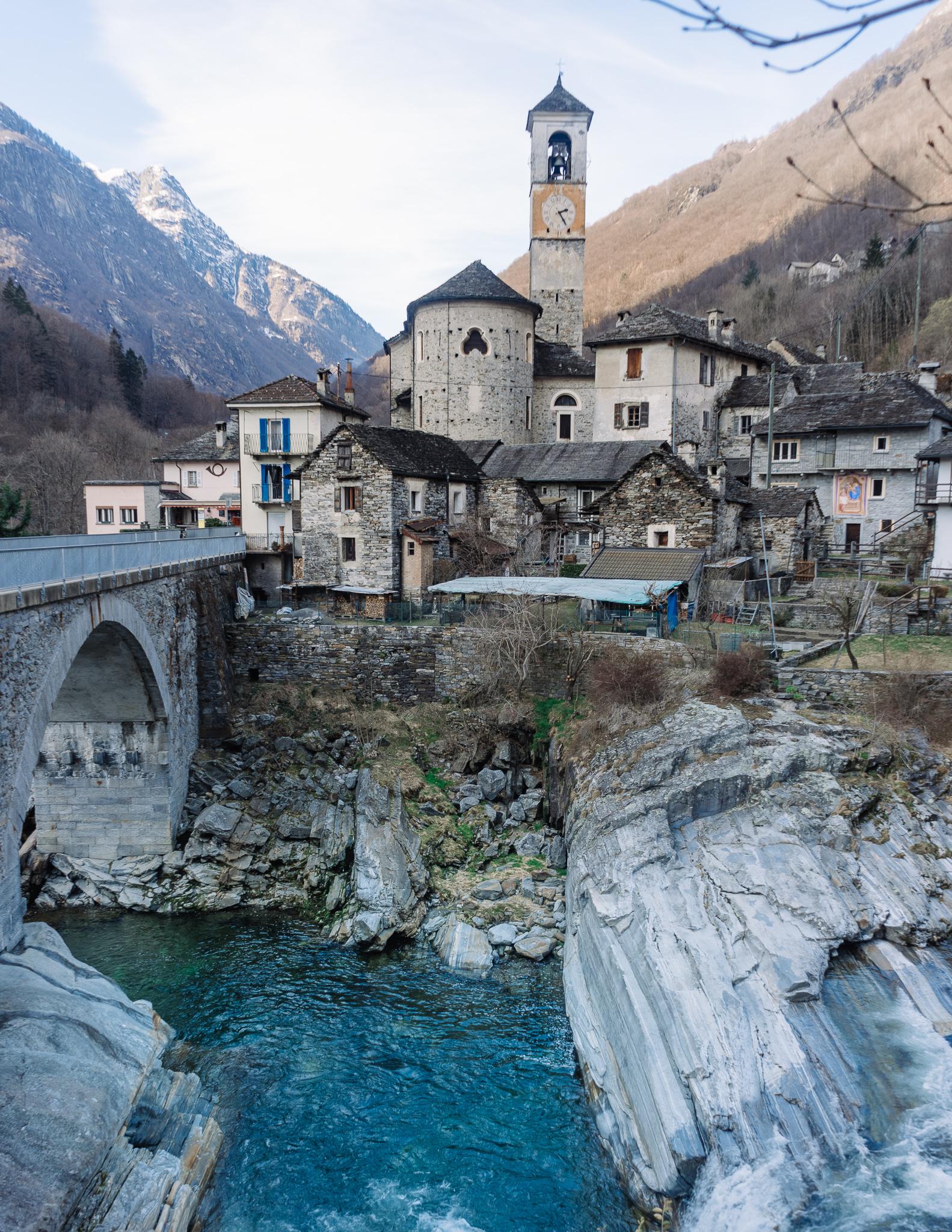 view across the river of Lavertezzo village in Ticino, Switzerland