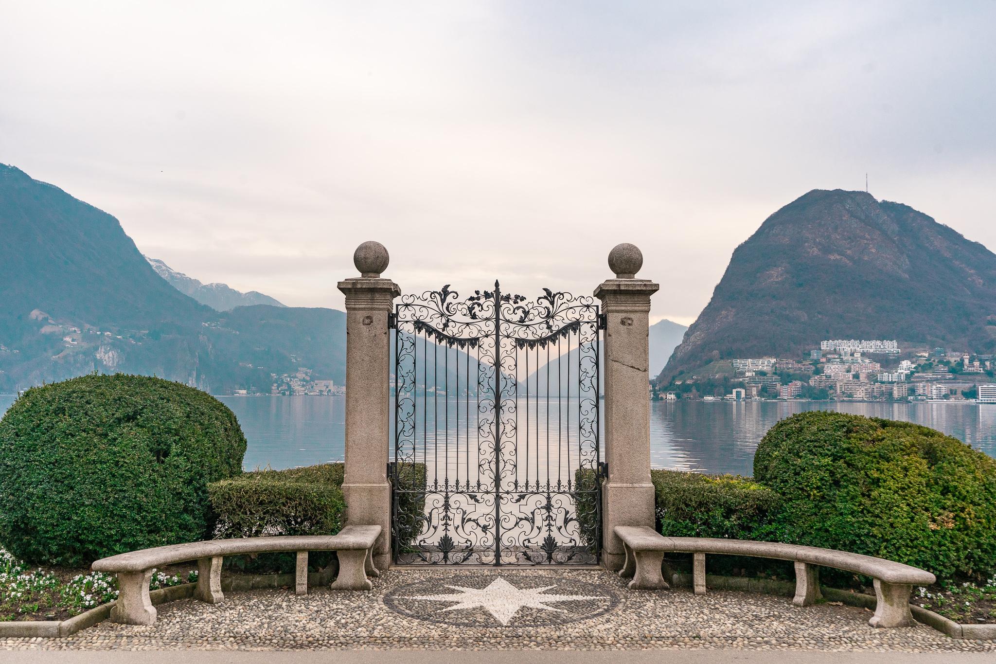 large gate in front of Lake lugano in Ticino Switzerland