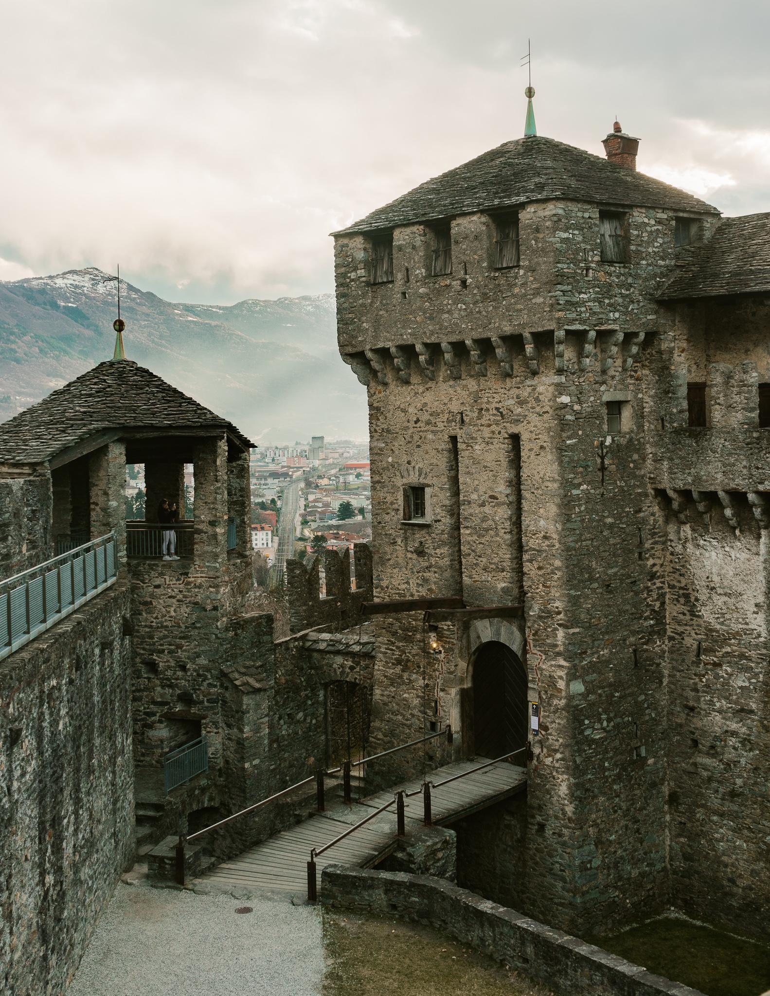 old stone castle walls and towers in Belliznona, Ticino Switzerland