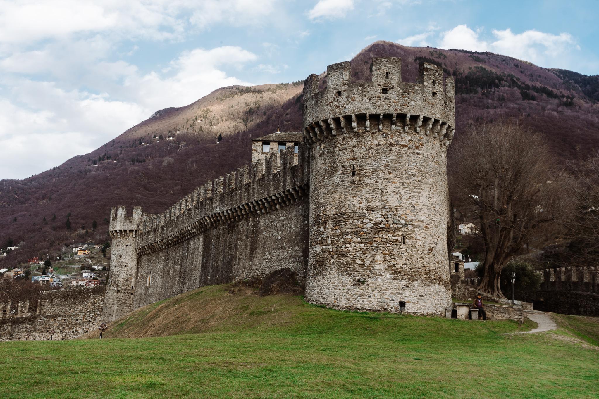 A medieval castle turret and wall in Bellinzona, Ticino Switzerland