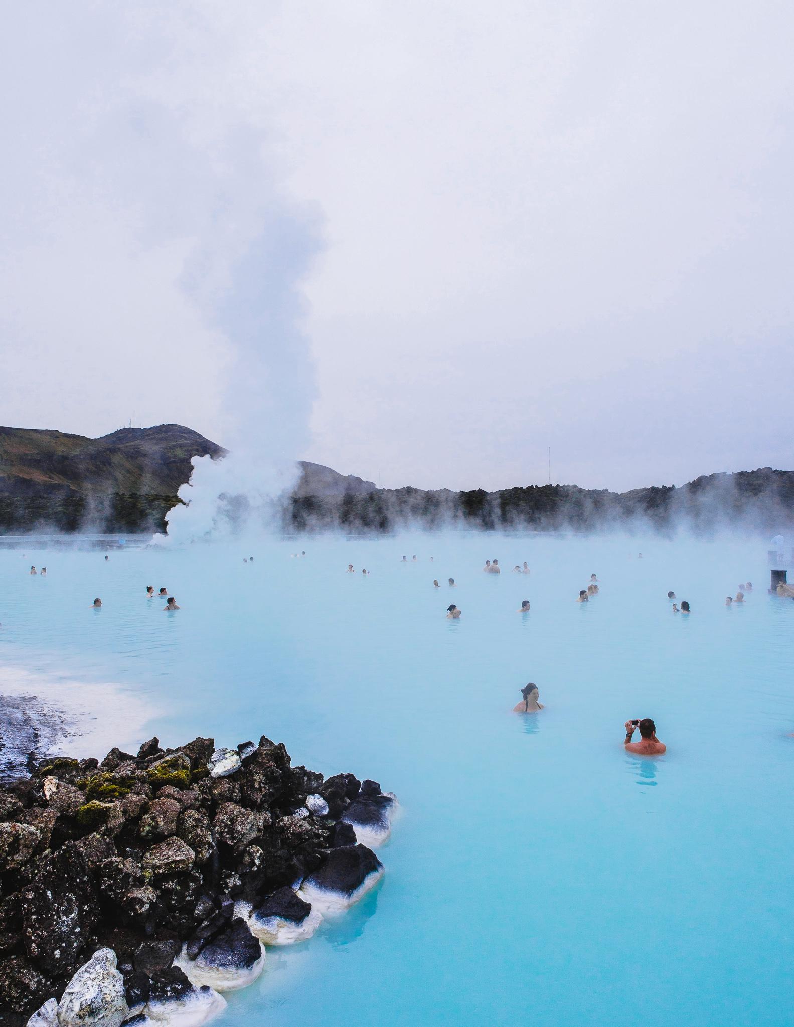 the blue waters and steam of the Blue Lagoon in Iceland