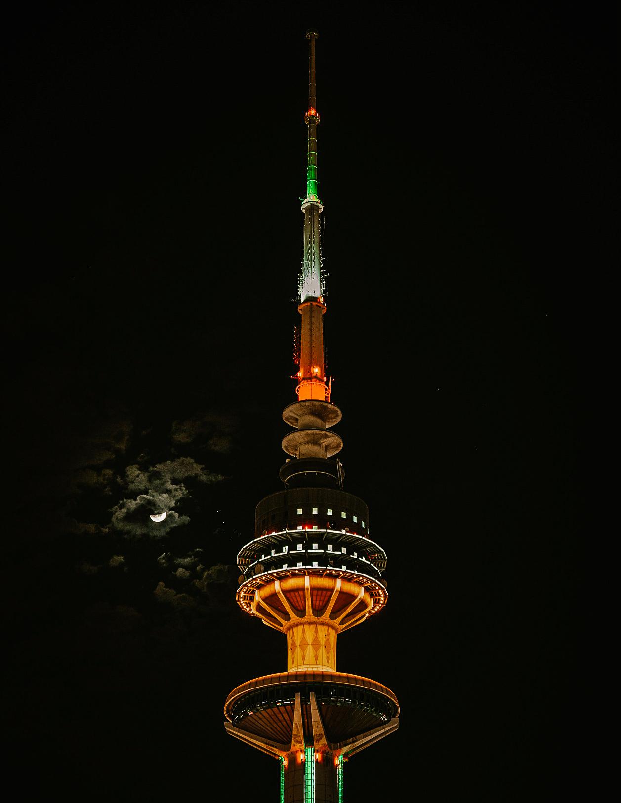 A single lit up tower in Kuwait
