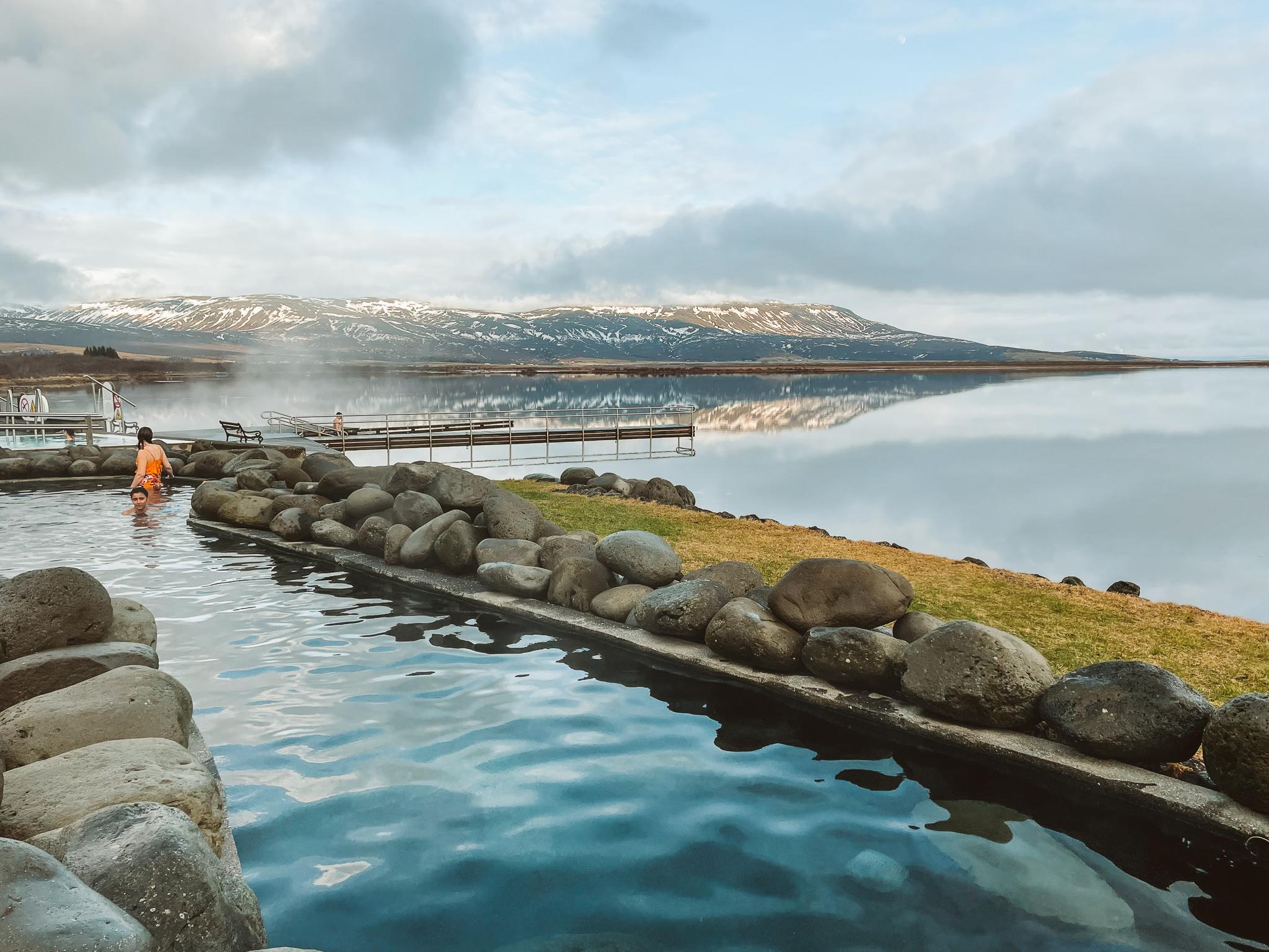 Fontana spa with the view of snowy mountains and Laugarvatn Lake in Iceland